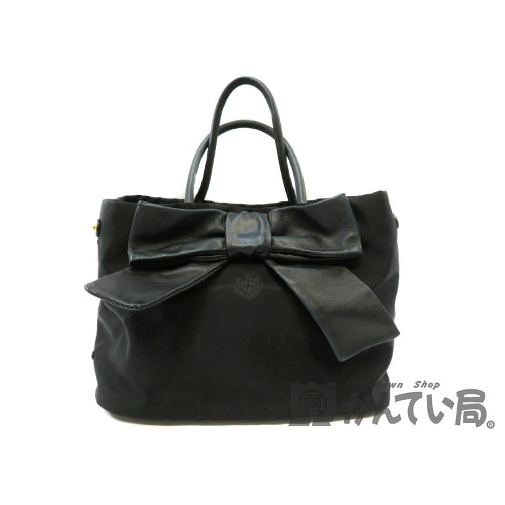 Prada Leather Bow Tote Bag leather bow on the front Black